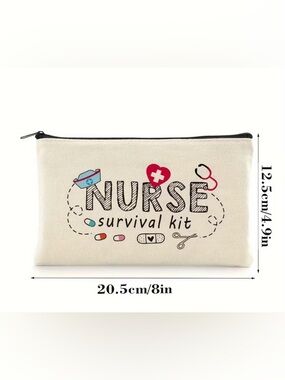 Nurse Survival Kit Canvas Zipper Pouch - Cream with Pink & Blue Accents